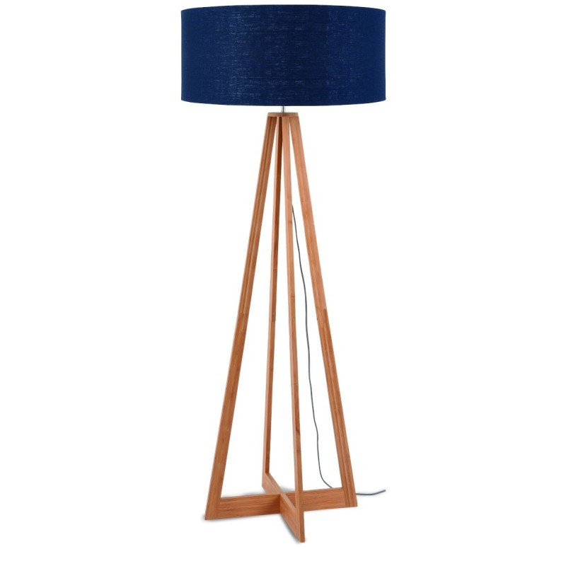 Lampe sur pied en bambou et abat-jour lin écologique EVEREST (naturel, bleu jeans)