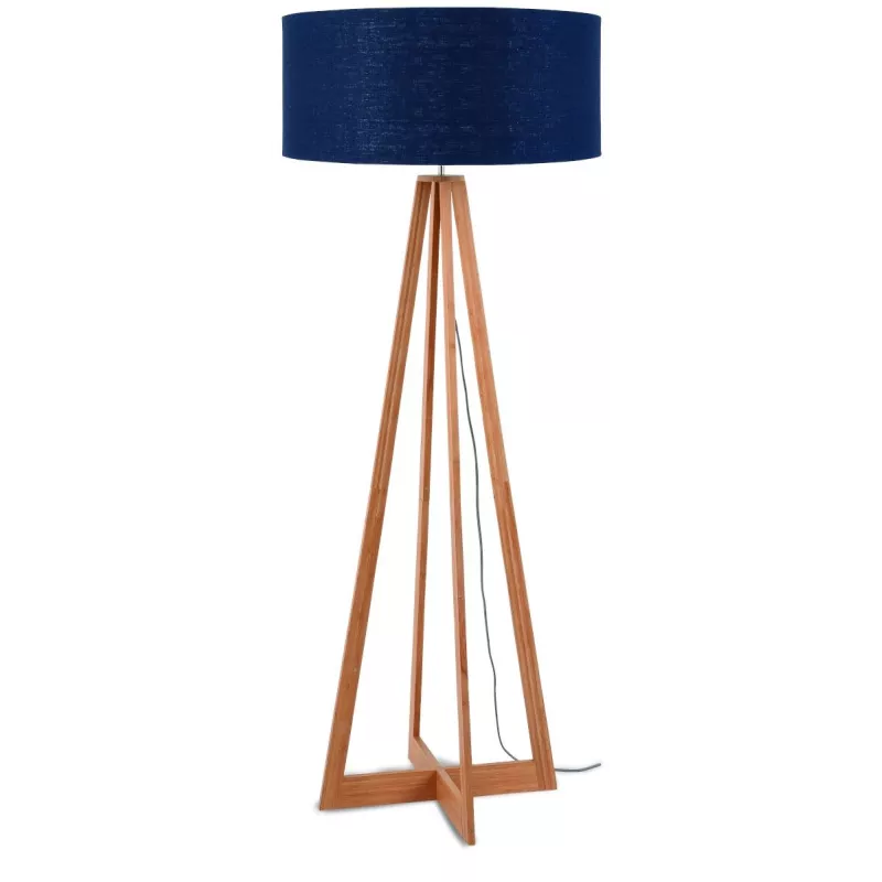 Lampe sur pied en bambou et abat-jour lin écologique EVEREST (naturel, bleu jeans)