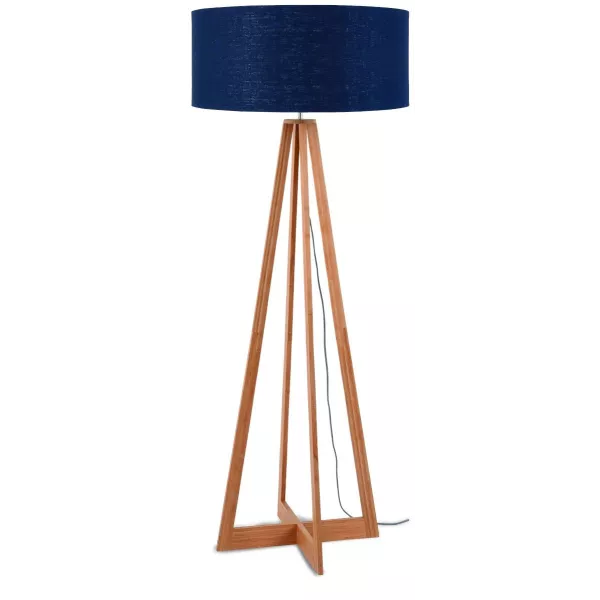 Lampe sur pied en bambou et abat-jour lin écologique EVEREST (naturel, bleu jeans)