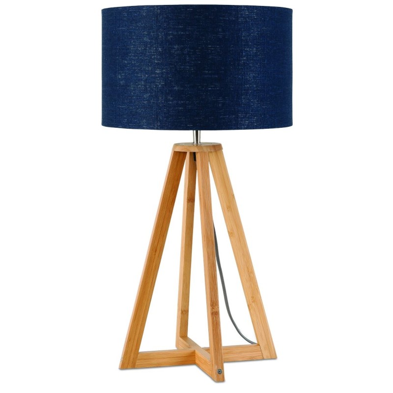 Lampe de table en bambou et abat-jour lin écologique EVEREST (naturel, bleu jeans)