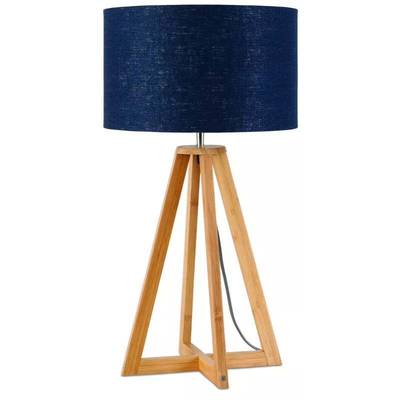 Lampe de table en bambou et abat-jour lin écologique EVEREST (naturel, bleu jeans)