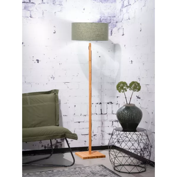 Lampe sur pied en bambou et abat-jour lin écologique FUJI (naturel, vert foncé)