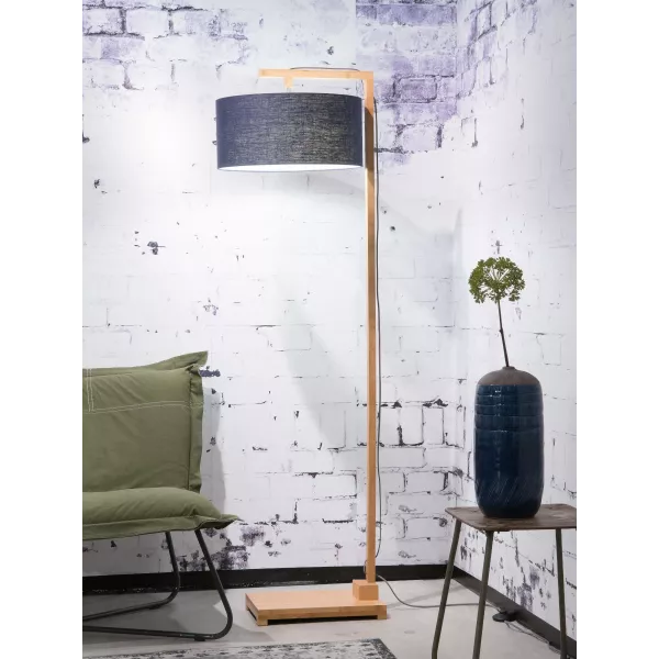 Lampe sur pied en bambou et abat-jour lin écologique HIMALAYA (naturel, bleu jeans)