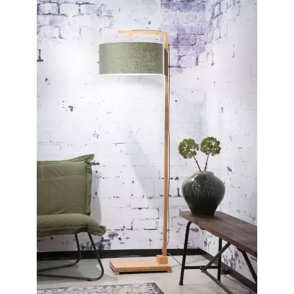 Lampe sur pied en bambou et abat-jour lin écologique HIMALAYA (naturel, vert foncé) à associer à Lampes Sur Pied Vintage Pour Un