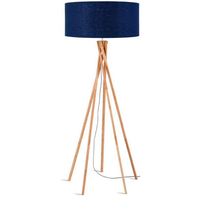 Lampe sur pied en bambou et abat-jour lin écologique KILIMANJARO (naturel, bleu jeans)