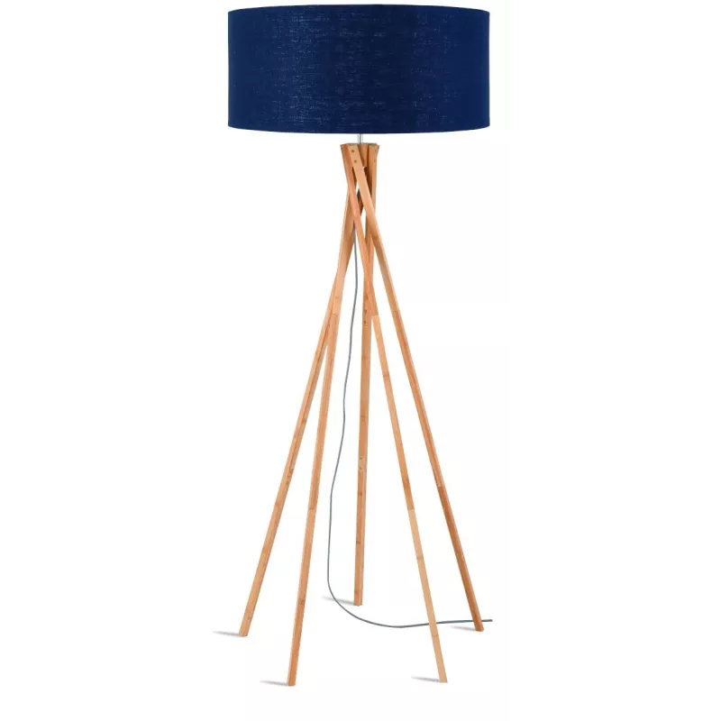 Lampe sur pied en bambou et abat-jour lin écologique KILIMANJARO (naturel, bleu jeans)