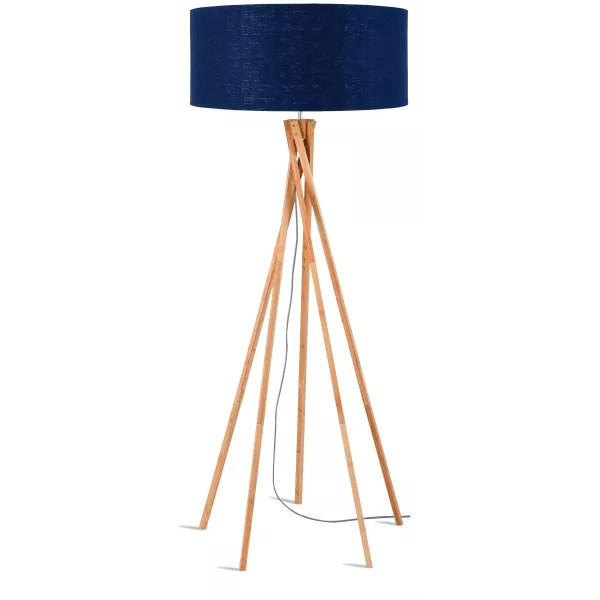 Lampe sur pied en bambou et abat-jour lin écologique KILIMANJARO (naturel, bleu jeans)