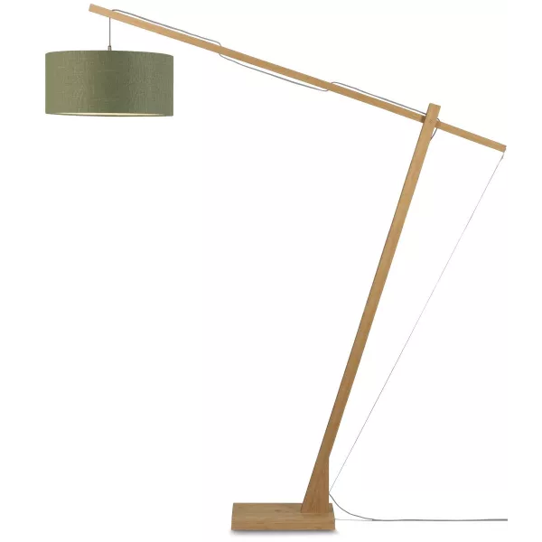 Lampe sur pied en bambou et abat-jour lin écologique MONTBLANC (naturel, vert foncé) à associer à Lampes Sur Pied Pliantes Prati