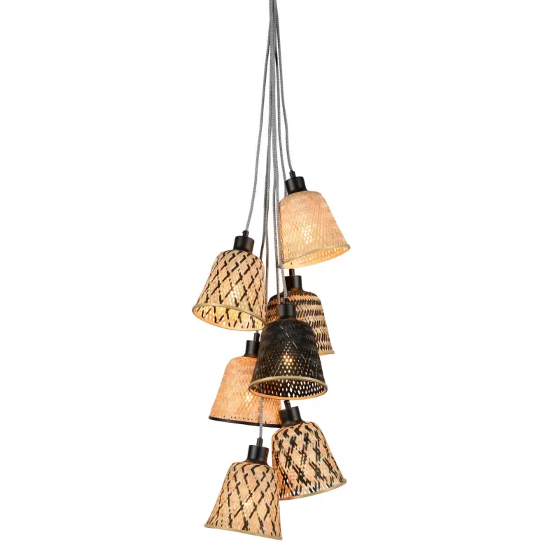 Lampe à suspension en bambou KALIMANTAN 7 abat-jours (naturel, noir) à associer à Lampes Suspendues Modernes Pour Un Intérieur É