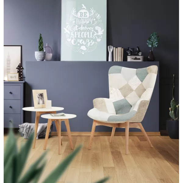 LOTUS Scandinavian design patchwork chair (blue, grey, beige) to associate with Armchairs With Armrests For More Comfort