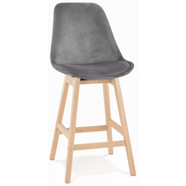 Tabouret de bar mi-hauteur design scandinave en velours pieds couleur naturelle CAMY MINI (gris)