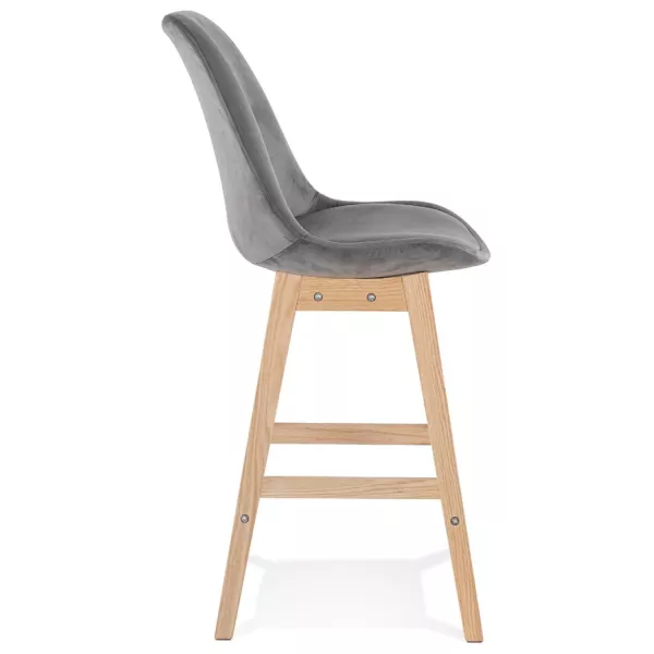 Tabouret de bar mi-hauteur design scandinave en velours pieds couleur naturelle CAMY MINI (gris)