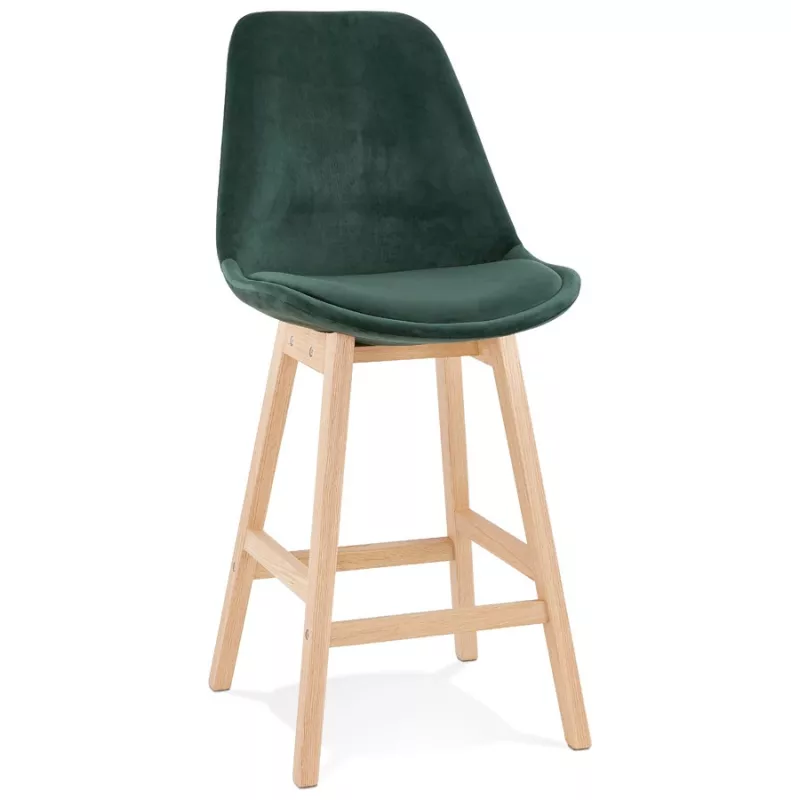 Tabouret de bar mi-hauteur design scandinave en velours pieds couleur naturelle CAMY MINI (vert)