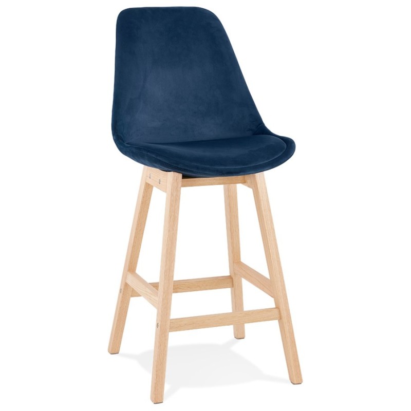 Tabouret de bar mi-hauteur design scandinave en velours pieds couleur naturelle CAMY MINI (bleu)