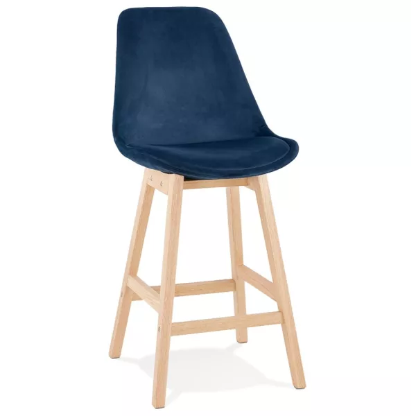 Tabouret de bar mi-hauteur design scandinave en velours pieds couleur naturelle CAMY MINI (bleu)