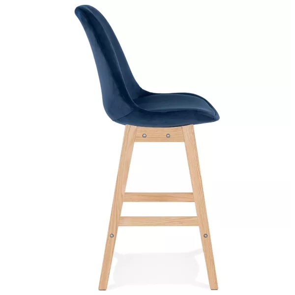 Tabouret de bar mi-hauteur design scandinave en velours pieds couleur naturelle CAMY MINI (bleu)