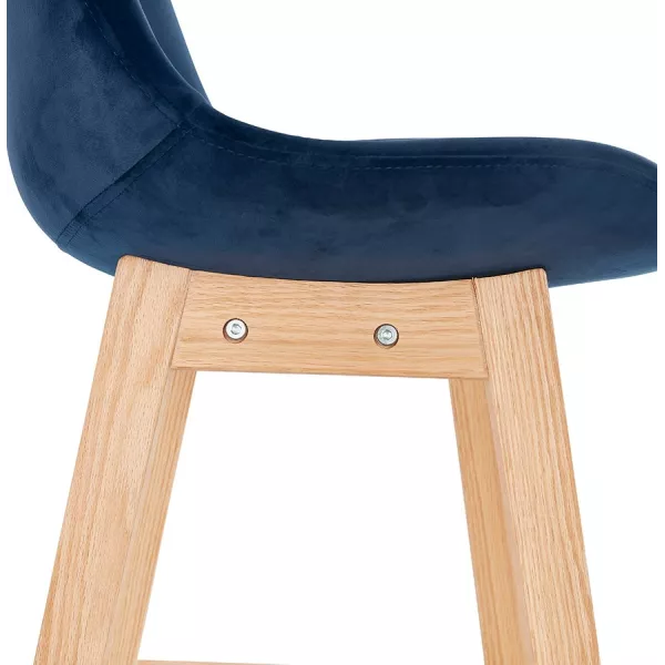 Tabouret de bar mi-hauteur design scandinave en velours pieds couleur naturelle CAMY MINI (bleu)