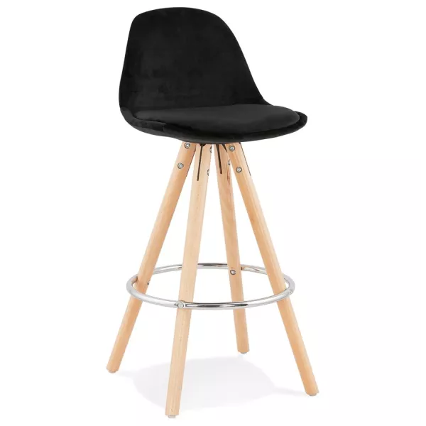 Tabouret de bar mi-hauteur scandinave en velours pieds bois couleur naturelle MERRY MINI (noir)