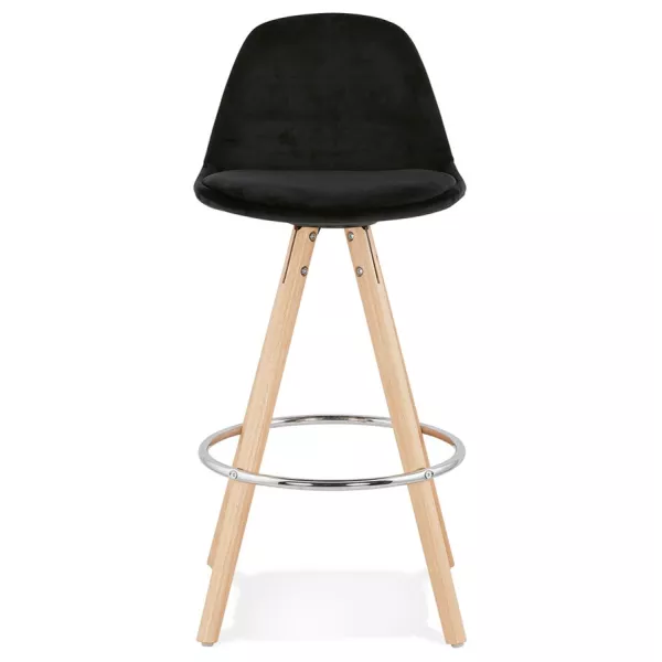 Tabouret de bar mi-hauteur scandinave en velours pieds bois couleur naturelle MERRY MINI (noir)