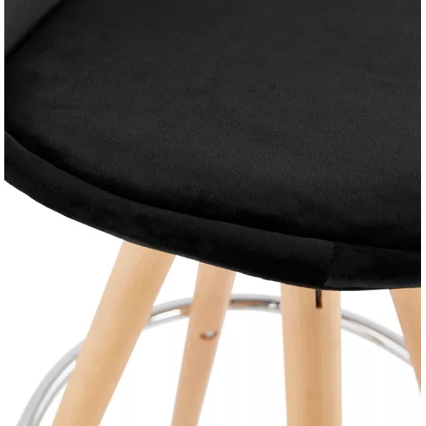 Tabouret de bar mi-hauteur scandinave en velours pieds bois couleur naturelle MERRY MINI (noir)