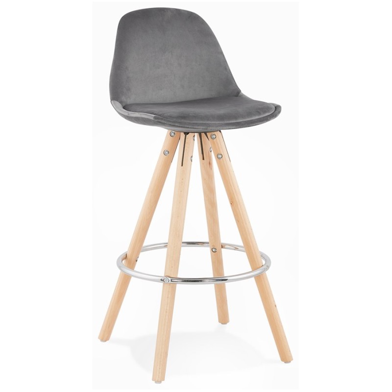 Tabouret de bar mi-hauteur scandinave en velours pieds bois couleur naturelle MERRY MINI (gris)