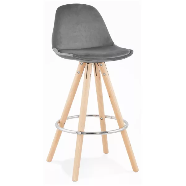 Tabouret de bar mi-hauteur scandinave en velours pieds bois couleur naturelle MERRY MINI (gris)