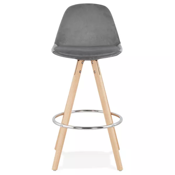 Tabouret de bar mi-hauteur scandinave en velours pieds bois couleur naturelle MERRY MINI (gris)