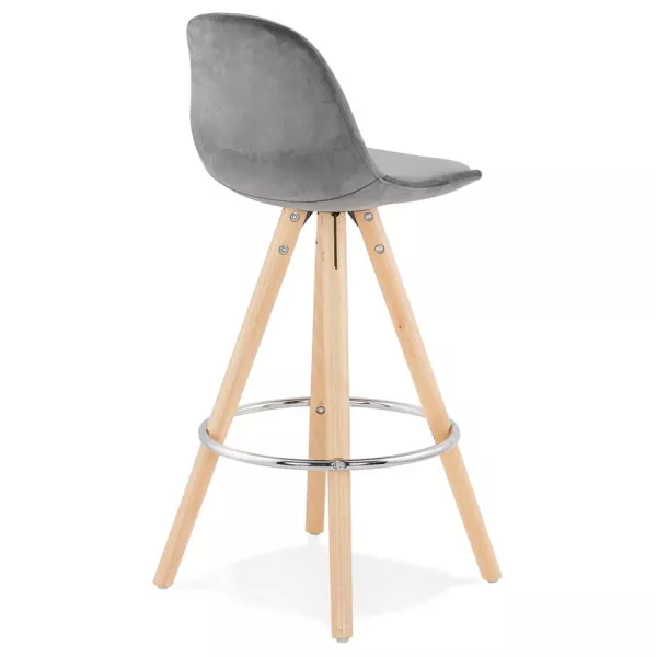 Tabouret de bar mi-hauteur scandinave en velours pieds bois couleur naturelle MERRY MINI (gris)