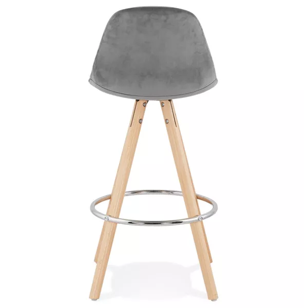 Tabouret de bar mi-hauteur scandinave en velours pieds bois couleur naturelle MERRY MINI (gris)