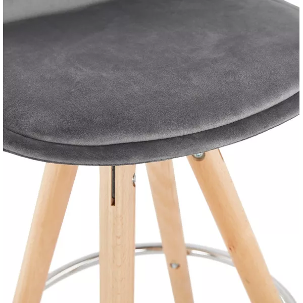 Tabouret de bar mi-hauteur scandinave en velours pieds bois couleur naturelle MERRY MINI (gris)