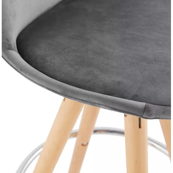 Tabouret de bar mi-hauteur scandinave en velours pieds bois couleur naturelle MERRY MINI (gris)