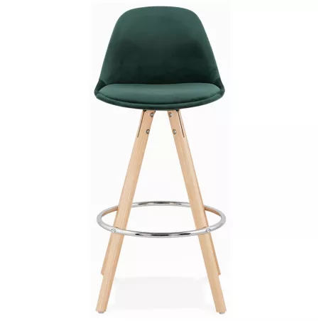 Tabouret de bar mi-hauteur scandinave en velours pieds bois couleur naturelle MERRY MINI (vert)