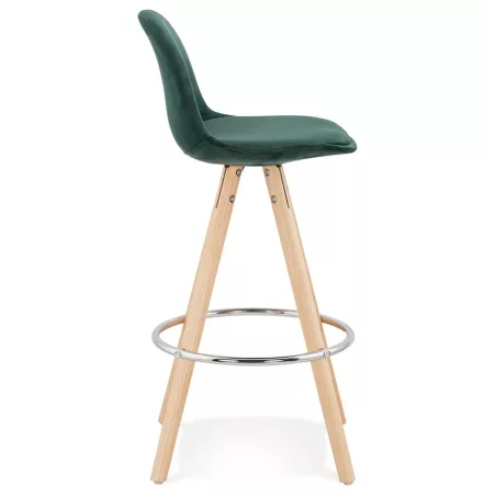 Tabouret de bar mi-hauteur scandinave en velours pieds bois couleur naturelle MERRY MINI (vert)