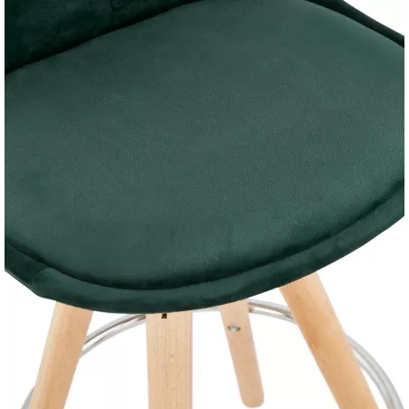 Tabouret de bar mi-hauteur scandinave en velours pieds bois couleur naturelle MERRY MINI (vert)