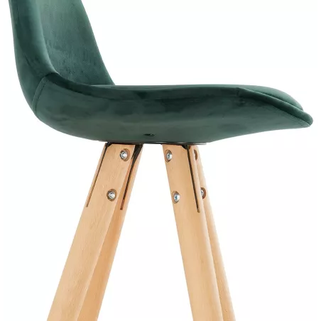 Tabouret de bar mi-hauteur scandinave en velours pieds bois couleur naturelle MERRY MINI (vert)