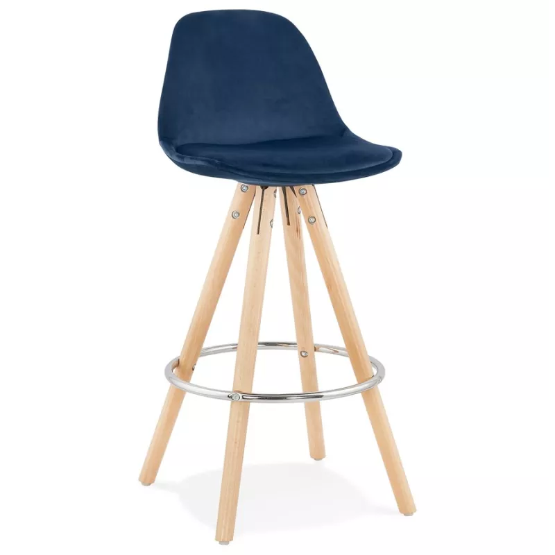 Tabouret de bar mi-hauteur scandinave en velours pieds bois couleur naturelle MERRY MINI (bleu)