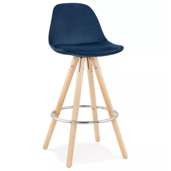 Tabouret de bar mi-hauteur scandinave en velours pieds bois couleur naturelle MERRY MINI (bleu)