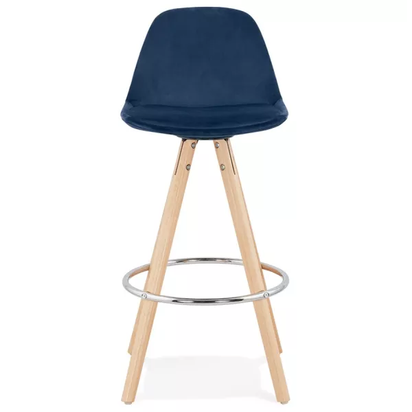 Tabouret de bar mi-hauteur scandinave en velours pieds bois couleur naturelle MERRY MINI (bleu)