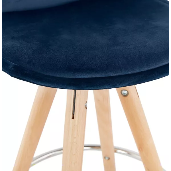 Tabouret de bar mi-hauteur scandinave en velours pieds bois couleur naturelle MERRY MINI (bleu)