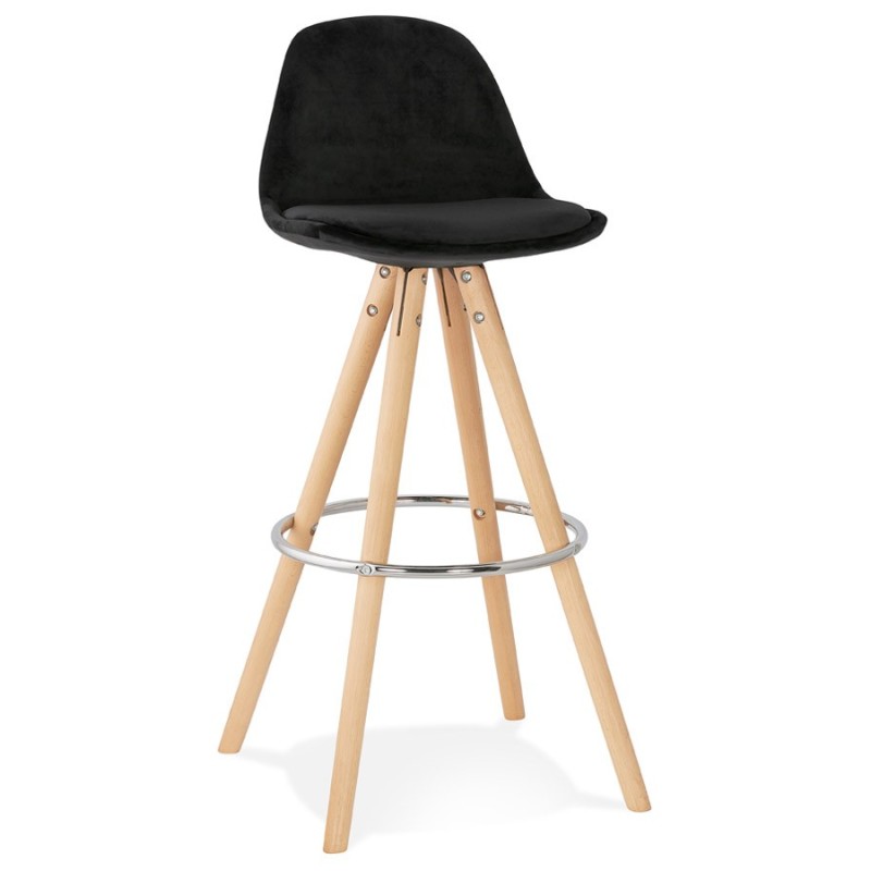 Tabouret de bar scandinave en velours pieds bois couleur naturelle MERRY (noir)