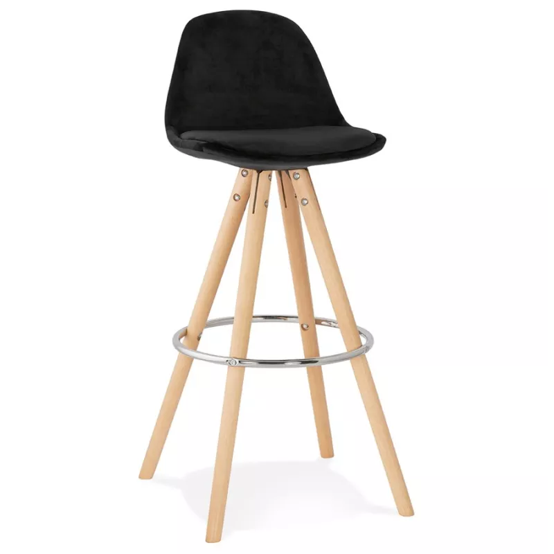 Tabouret de bar scandinave en velours pieds bois couleur naturelle MERRY (noir)