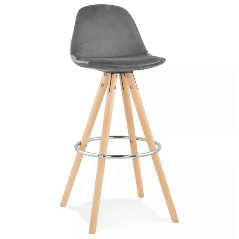 Tabouret de bar scandinave en velours pieds bois couleur naturelle MERRY (gris)