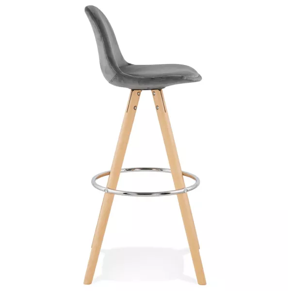 Tabouret de bar scandinave en velours pieds bois couleur naturelle MERRY (gris)