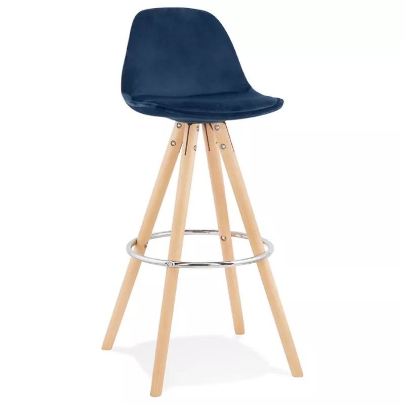 Tabouret de bar scandinave en velours pieds bois couleur naturelle MERRY (bleu)