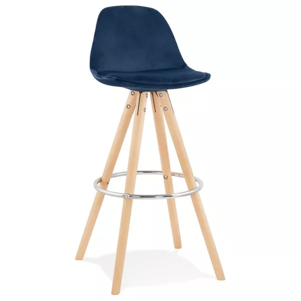 Tabouret de bar scandinave en velours pieds bois couleur naturelle MERRY (bleu)