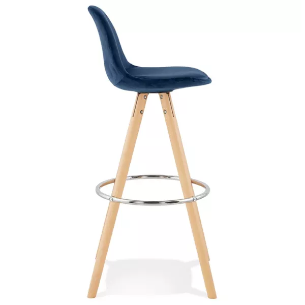 Tabouret de bar scandinave en velours pieds bois couleur naturelle MERRY (bleu)