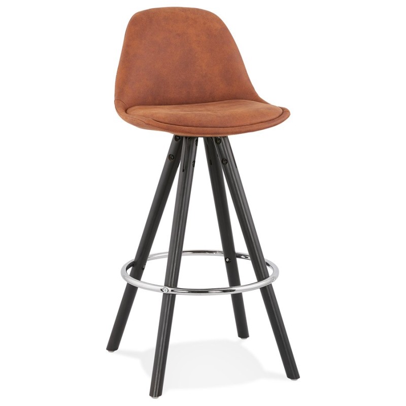 Tabouret de bar mi-hauteur vintage en microfibre pieds bois noir TALIA MINI (marron)