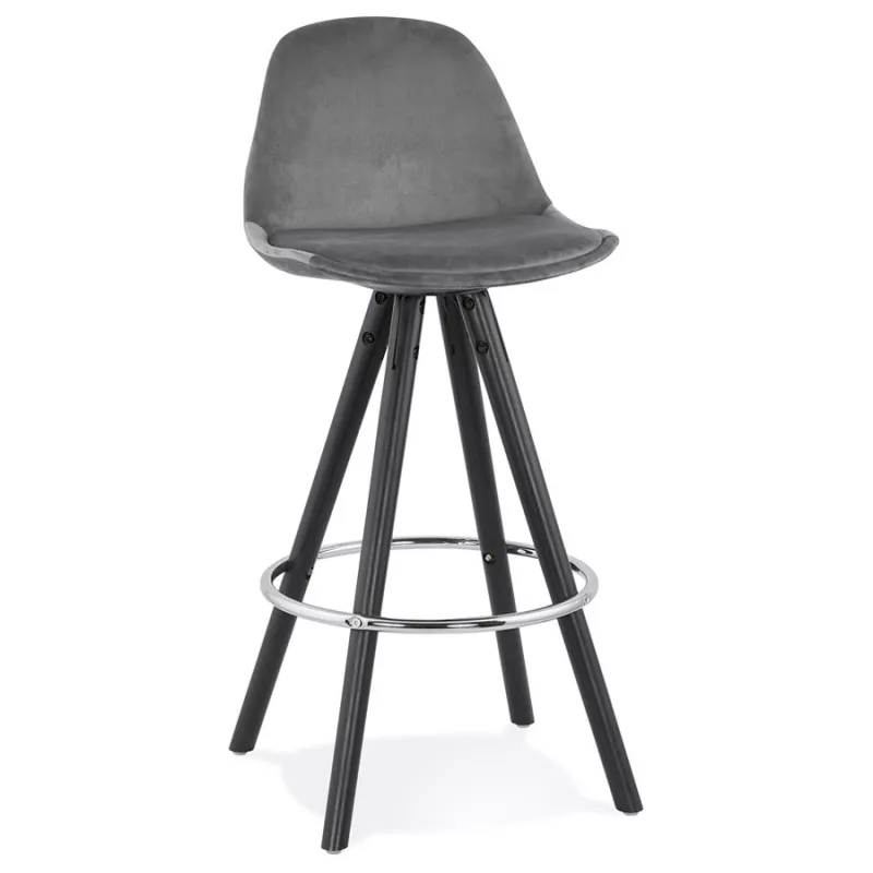 Tabouret de bar mi-hauteur design en velours pieds bois noir MERRY MINI (gris)