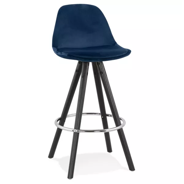 Tabouret de bar mi-hauteur design en velours pieds bois noir MERRY MINI (bleu)