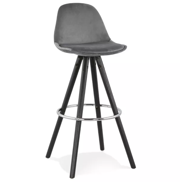 Tabouret de bar design en velours pieds bois noir MERRY (gris)